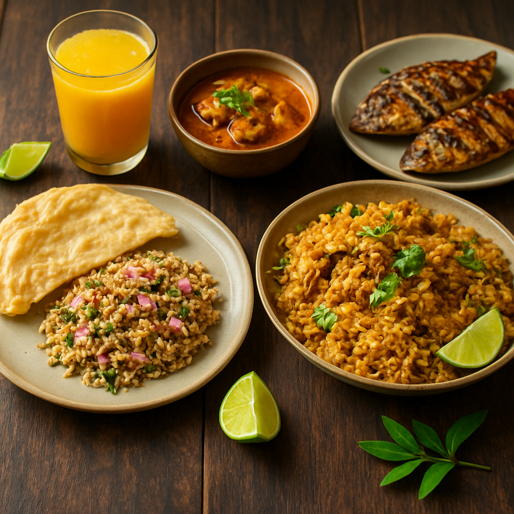 An overhead spread of authentic Maldivian dishes including mas huni, biryani and grilled fish